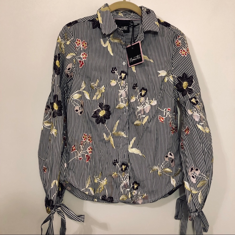 Nanette Lepore black, white striped top embroidery